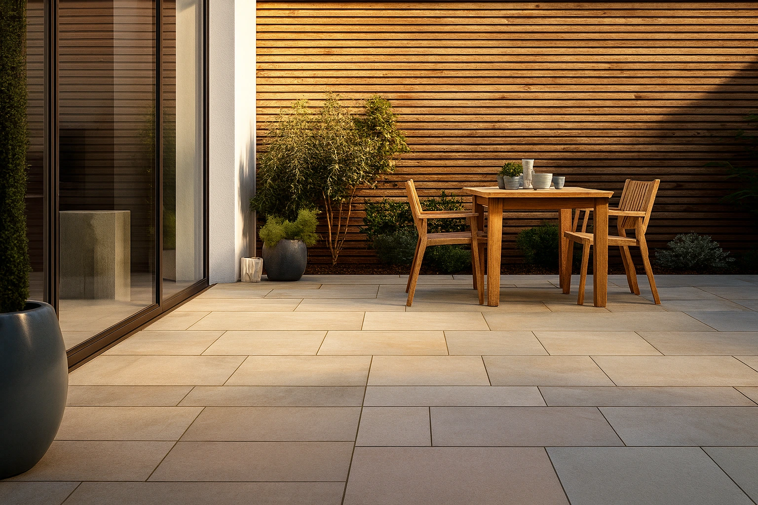 Modern outdoor patio with light stone tiles, wooden dining set, and plants against a slatted wooden fence.