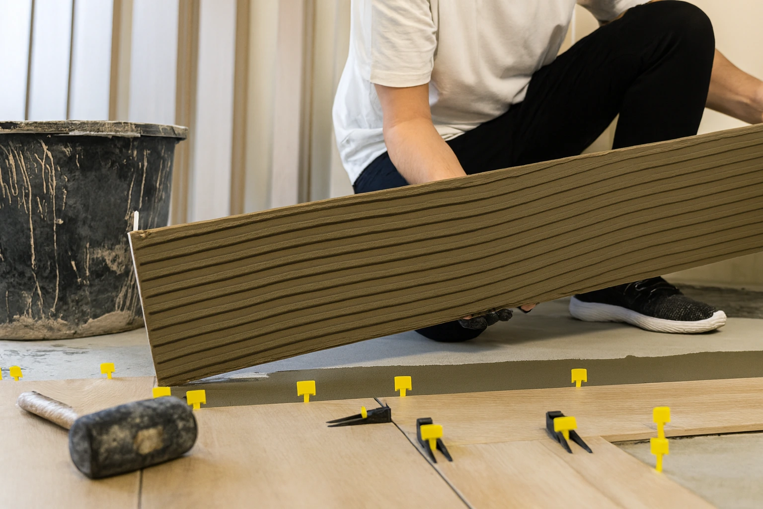 Worker installing a wood-effect tile with adhesive during a flooring project.