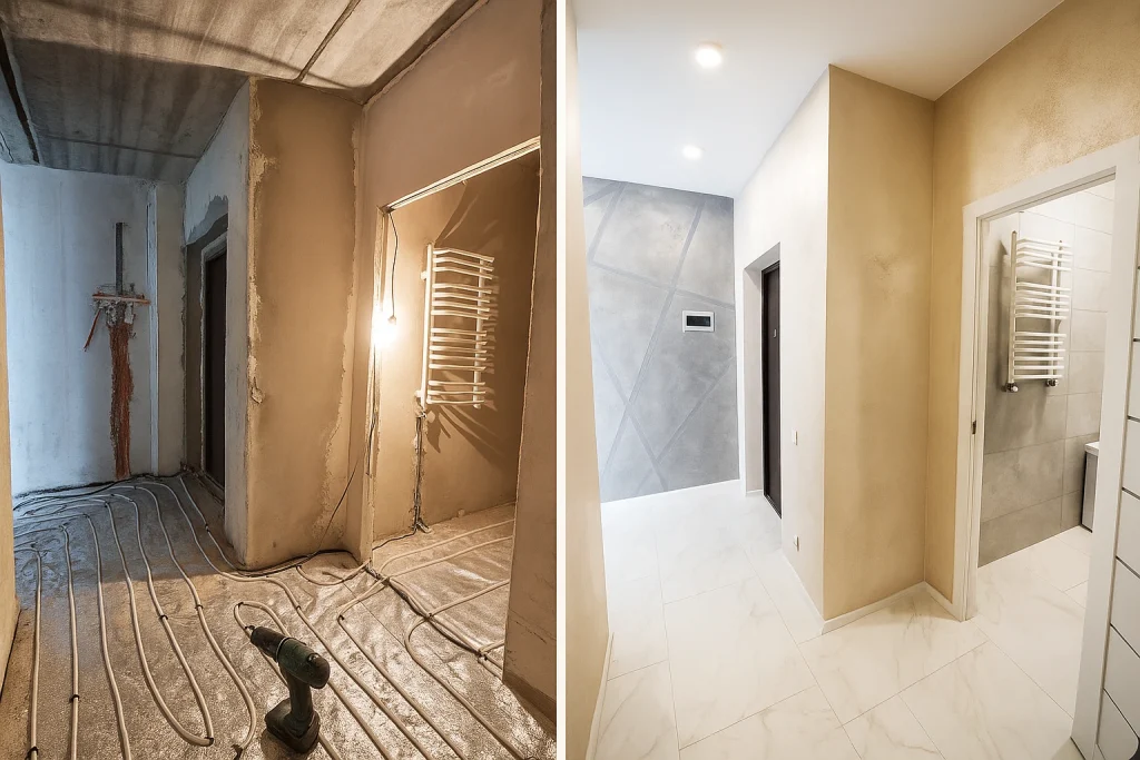 Hallway renovation before and after comparison showing unfinished construction with exposed wiring and floor heating pipes on the left, and a clean, modern finished hallway with marble flooring and painted walls on the right — completed by a handyman in London.