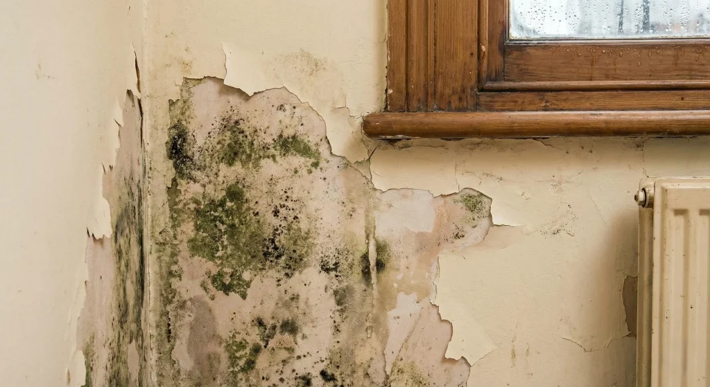 Damp and mould damage on an interior wall with peeling paint near a wooden window frame and radiator.