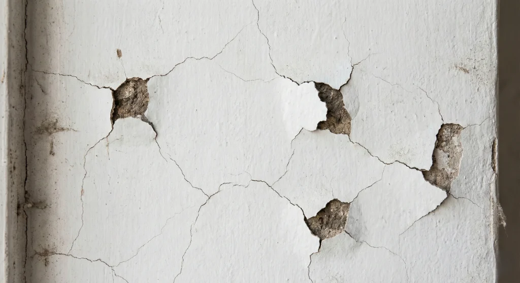 Cracked and peeling white wall with damaged plaster exposed underneath.