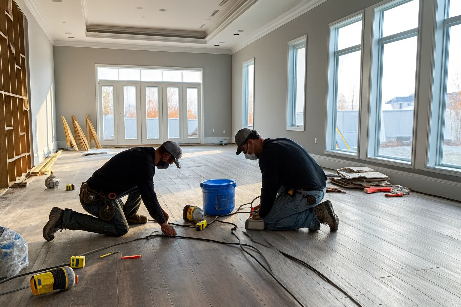 paint and handy flooring installers kneeling and working on new wooden flooring inside a bright room with large windows.