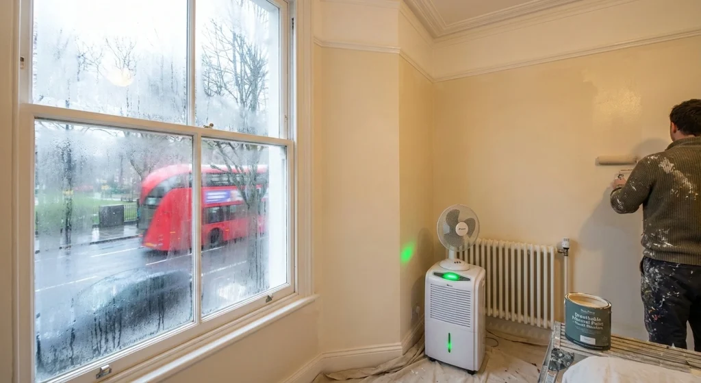 applying wall paint inside a London home during winter