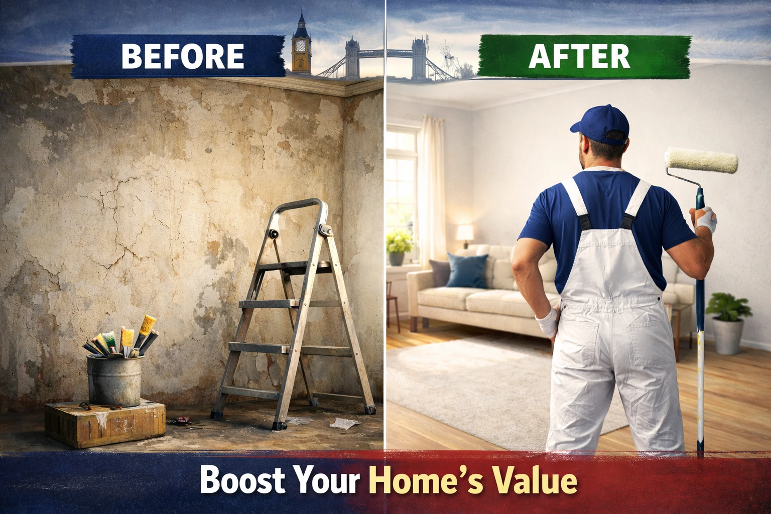 Before and after home interior painting showing old damaged walls transformed into a clean, freshly painted living room in London.