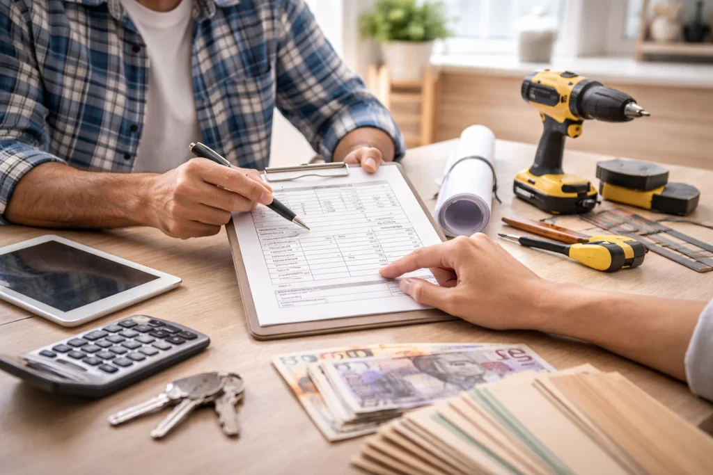 Homeowner reviewing a handyman service quote on a clipboard with tools, calculator, cash, and keys on the table.