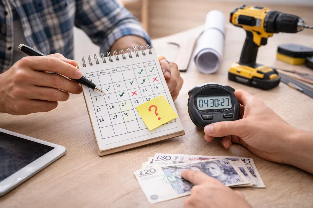 Homeowner reviewing handyman schedule on a desk calendar with stopwatch, tools, and cash on the table.