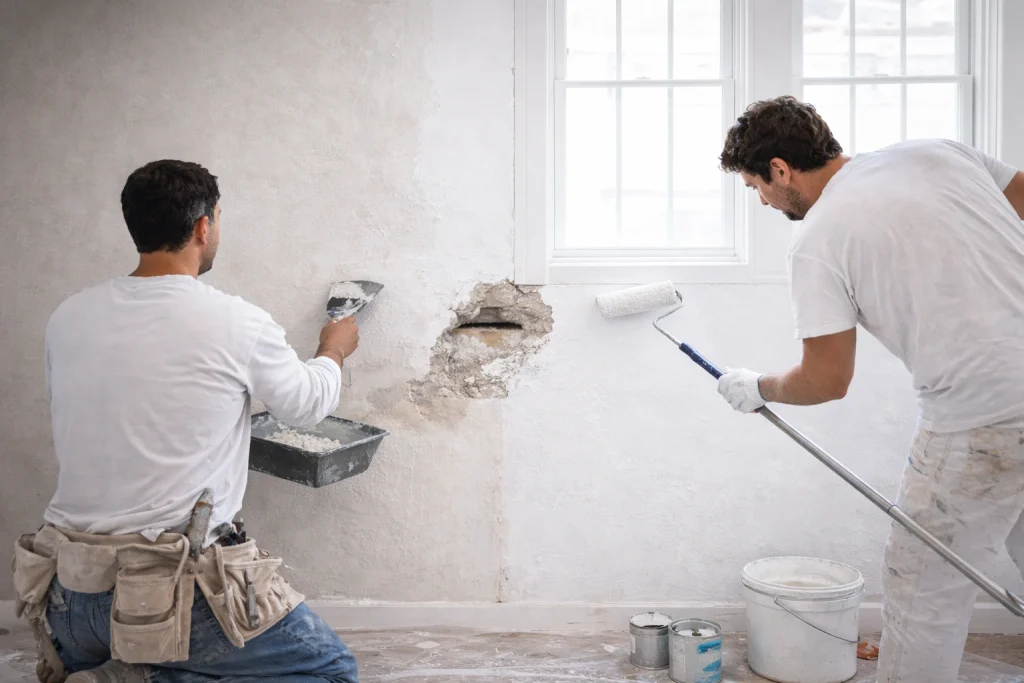 Two handymen repairing and repainting a damaged interior wall near a window, one applying plaster and the other using a paint roller.