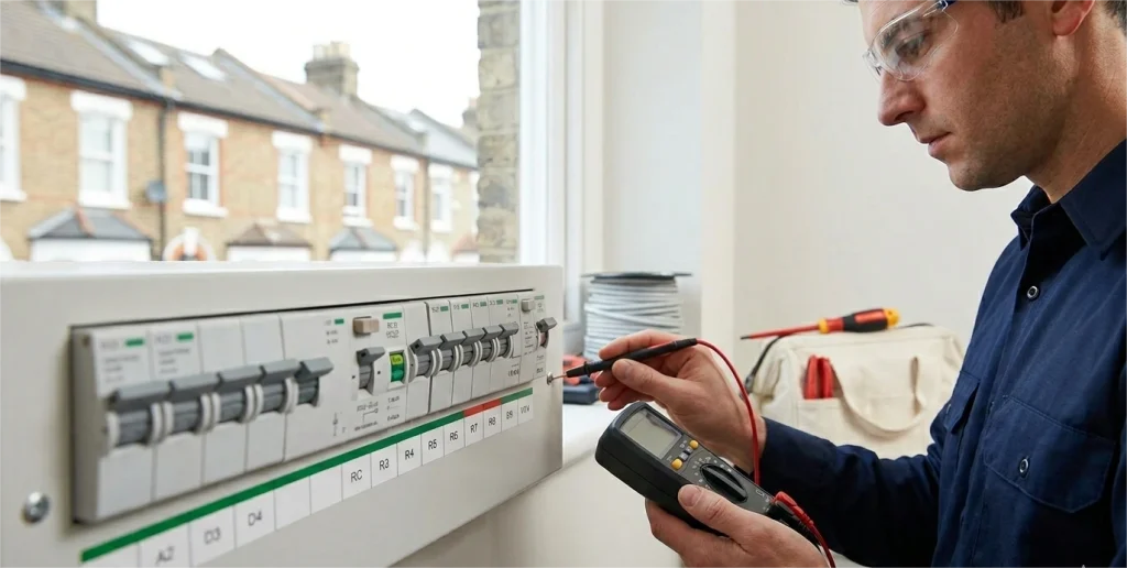 Professional performing certified electrician work London by testing a consumer unit in a residential property.