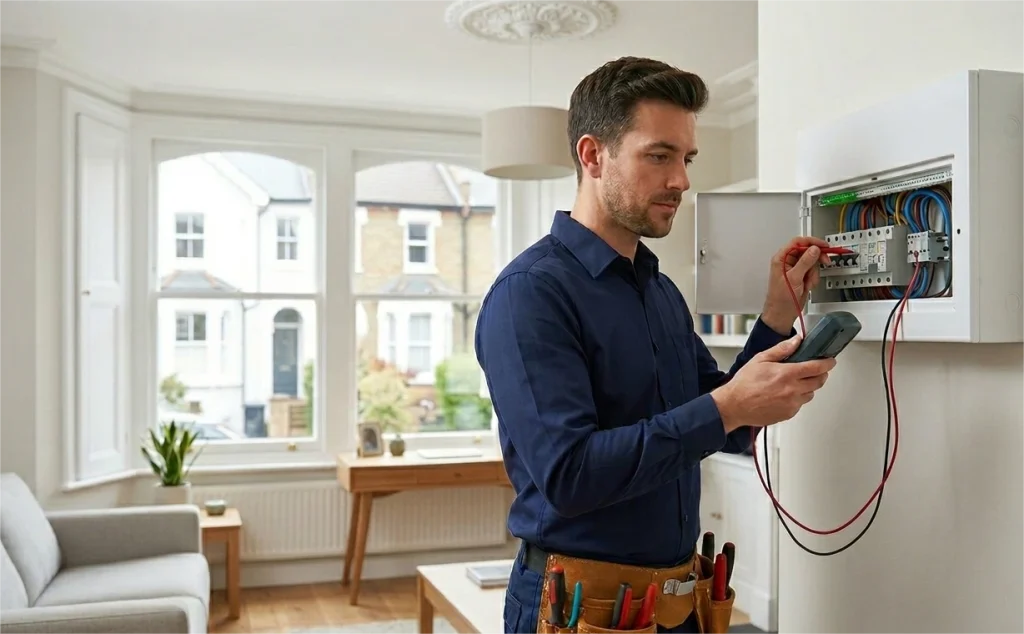 A professional electrician performs essential electrician work London on a consumer unit 