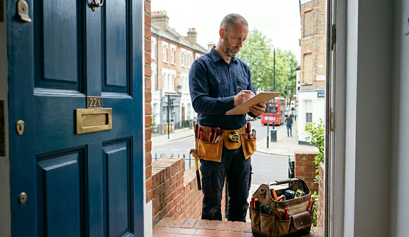 London flat handyman checklist being reviewed by a handyman at a flat entrance with tools ready