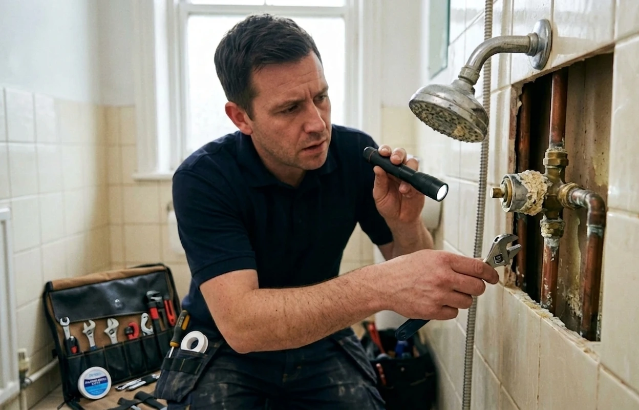 Plumber inspecting low water pressure