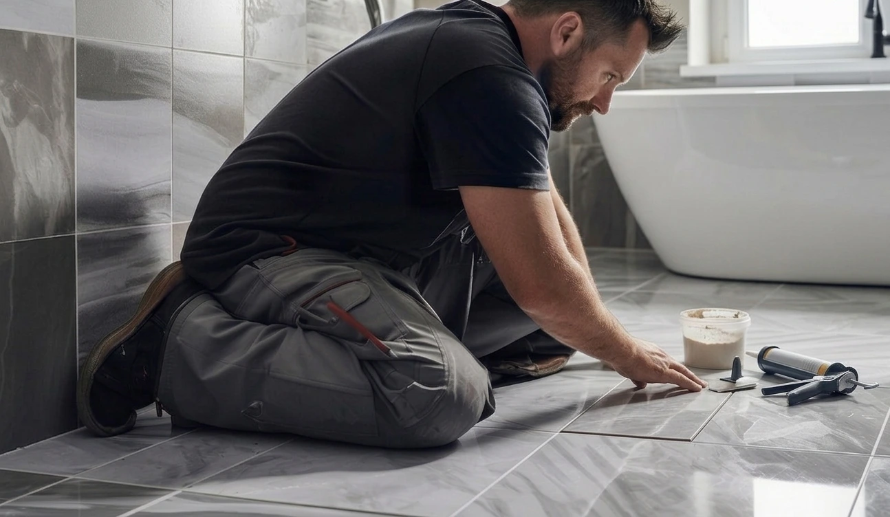 A professional tiler in workwear kneeling on a grey marble-effect floor, meticulously repairing a tile gap in a London bathroom near a white freestanding bathtub.