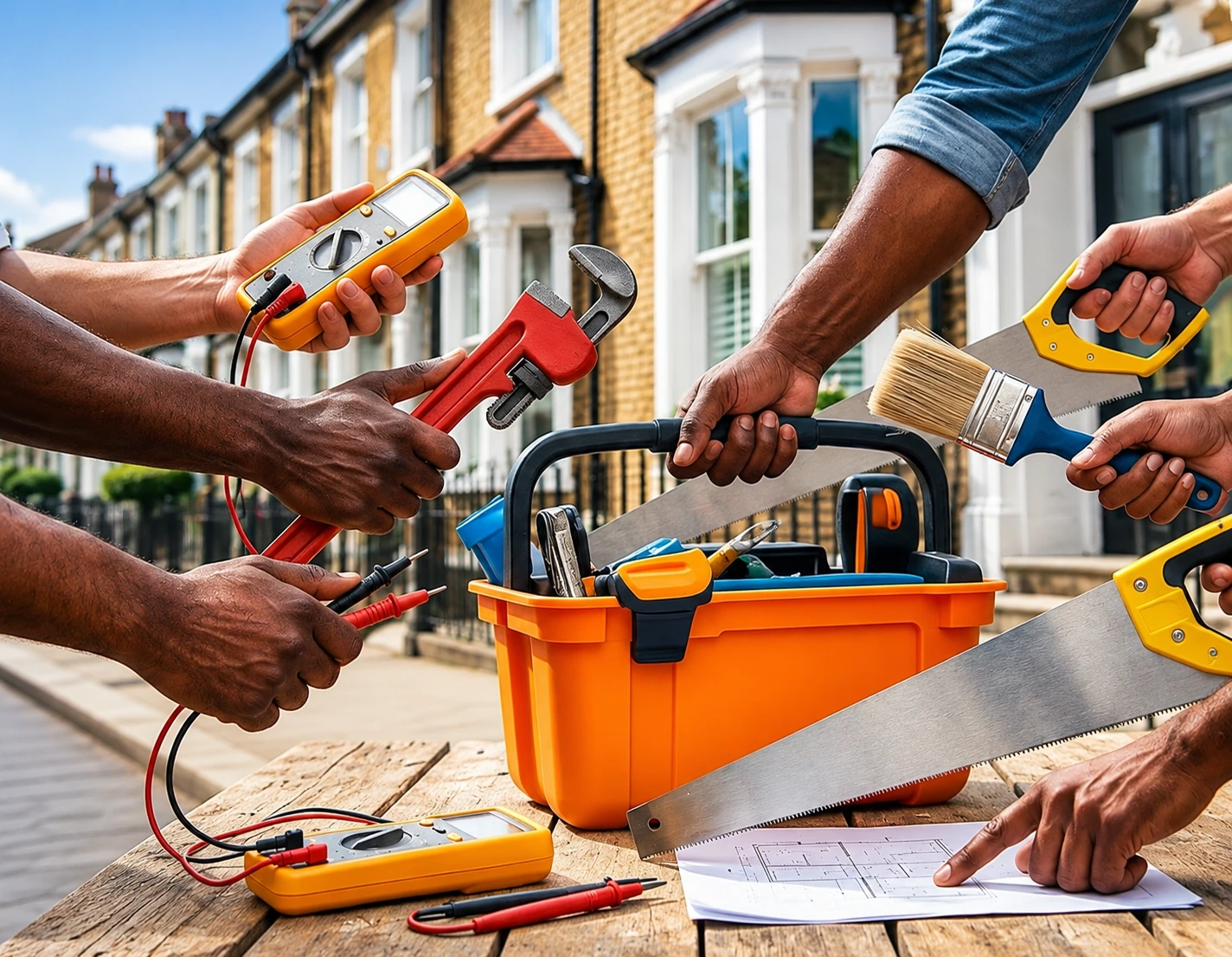 Professional home maintenance with electricians, plumbers, and painters working together in London houses