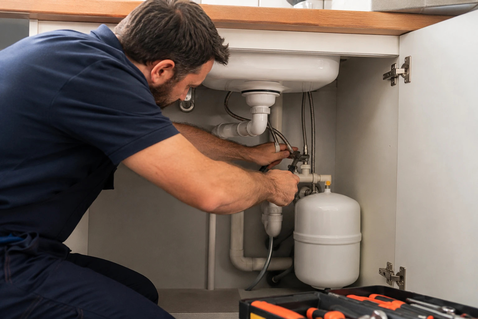 Plumber repairing pipes under sink in London home affected by hard water