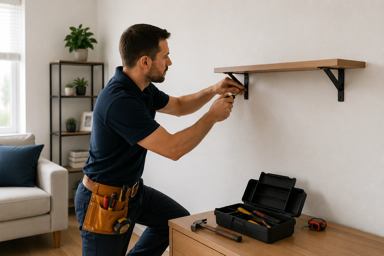Handyman installing a wall shelf in a modern living room showing what does a handyman do in home maintenance