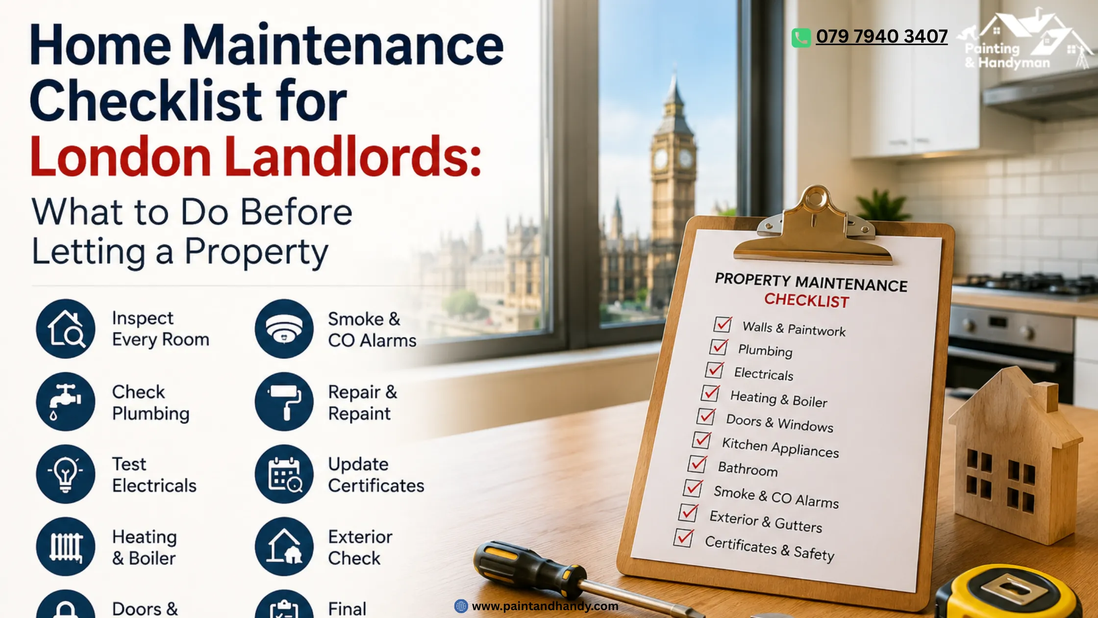 Home maintenance checklist for London landlords preparing a rental property before letting with property inspection checklist and handyman tools