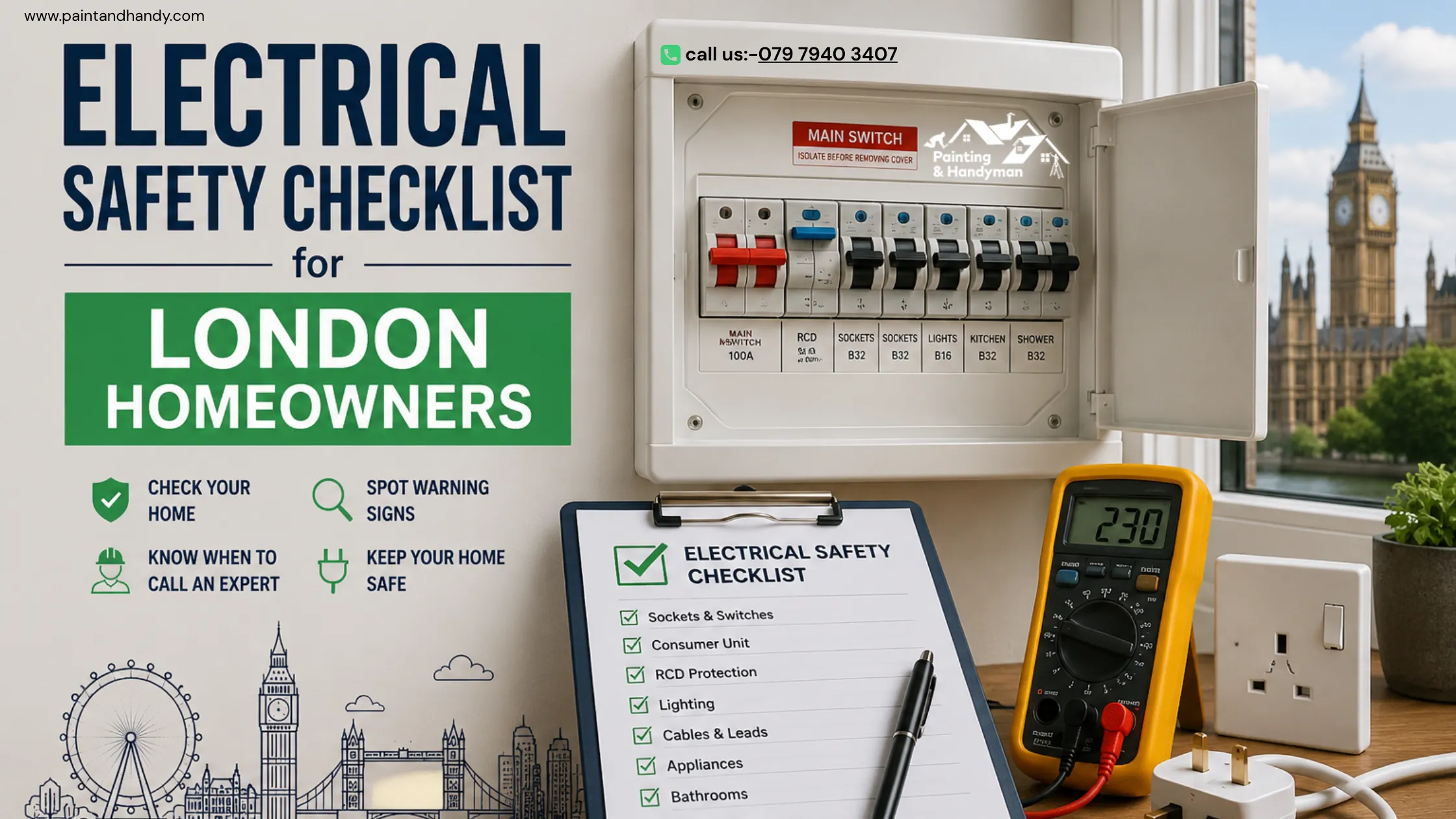 Electrical safety checklist for London homeowners with consumer unit, RCD protection and electrical inspection tools