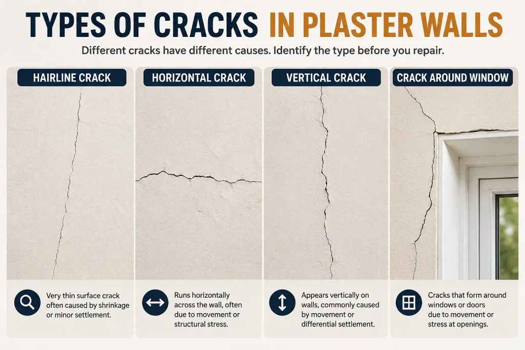 Different types of cracks in plaster walls including hairline, horizontal, vertical and window cracks