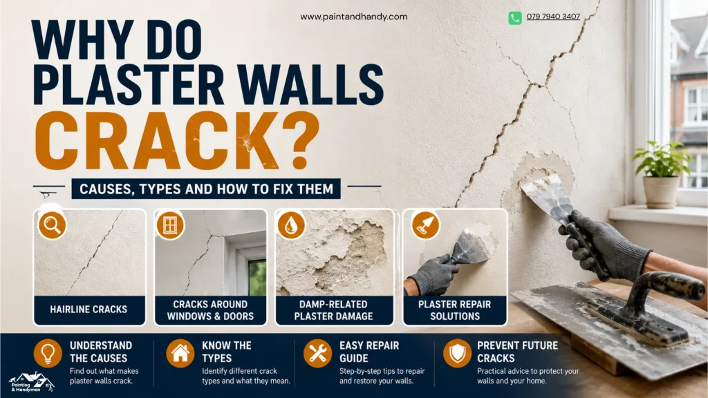 Cracked plaster wall with examples of hairline cracks, damp damage and plaster repair