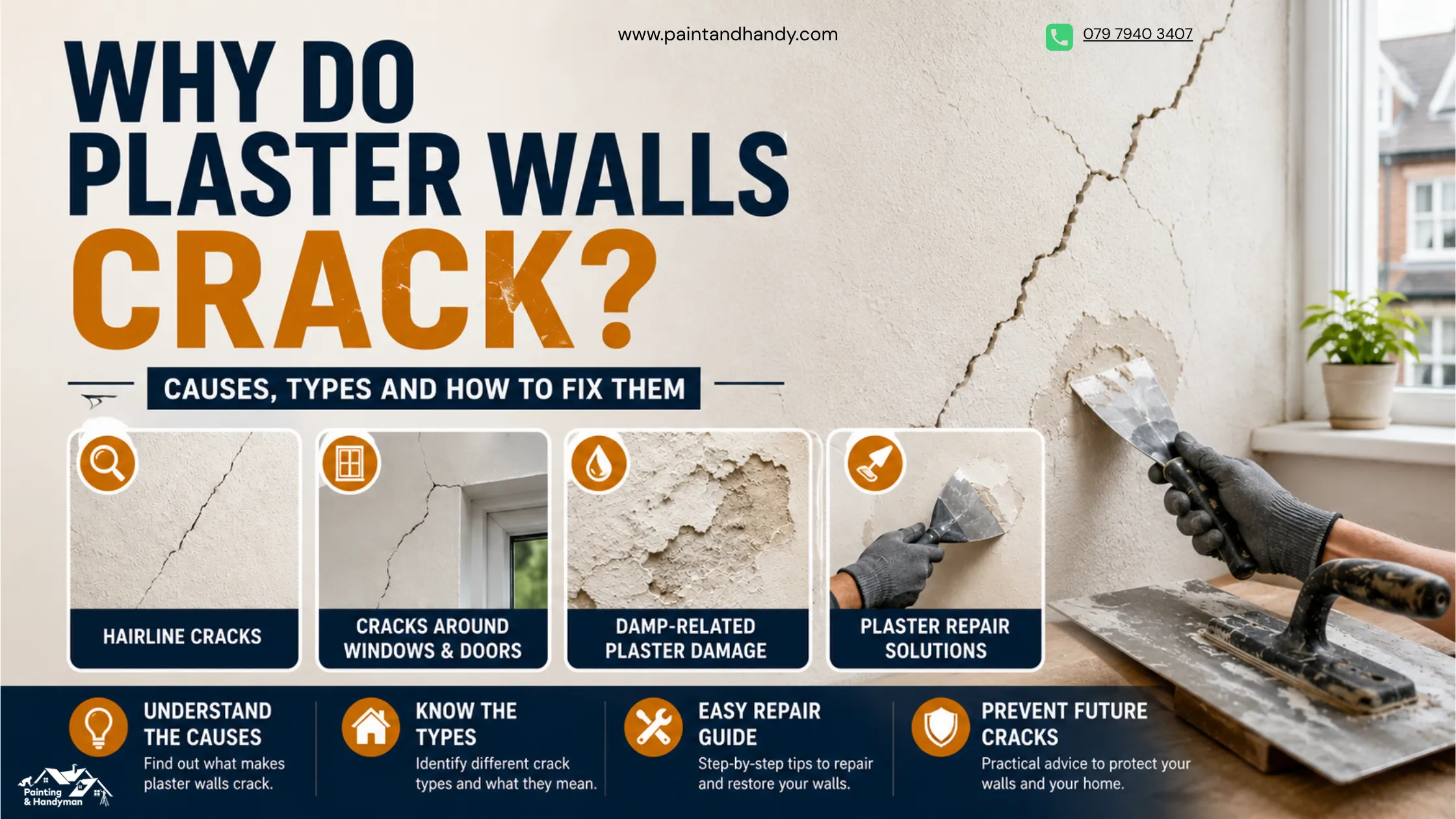 Cracked plaster wall with examples of hairline cracks, damp damage and plaster repair