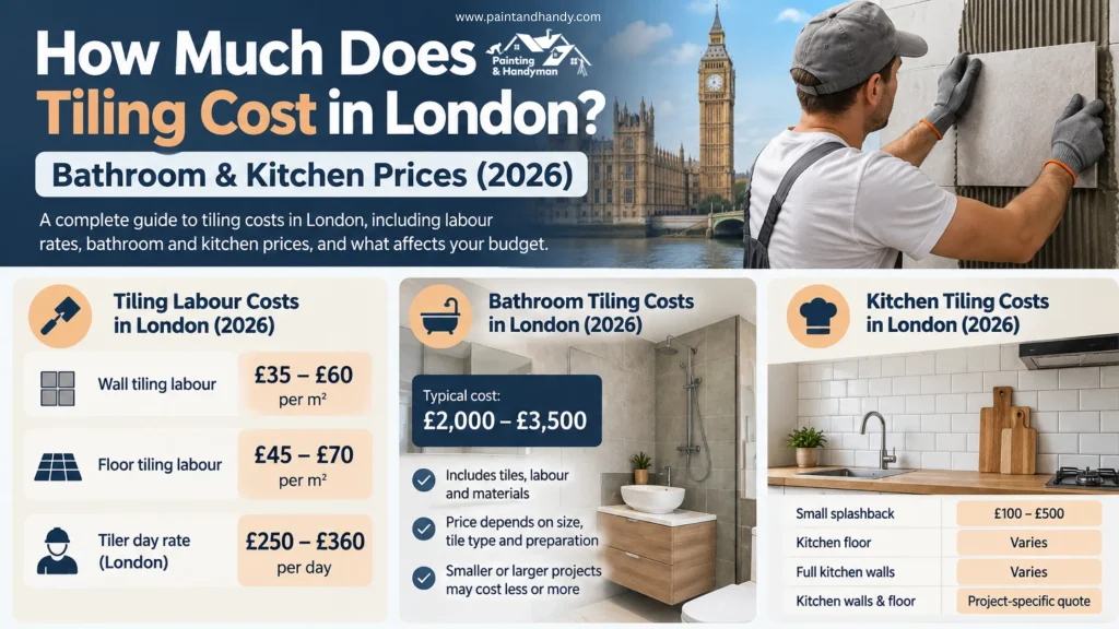 Tiling cost in London infographic showing bathroom and kitchen prices, tiling labour rates and costs per m² in 2026